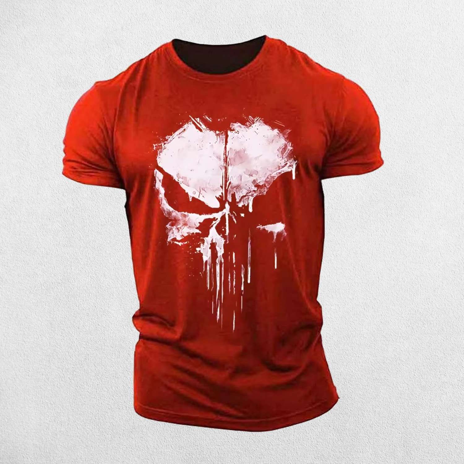 Front View of Red Men's Stylish O-Neck Short Sleeve Gym T-shirt with 3D Punisher Skull Print Design