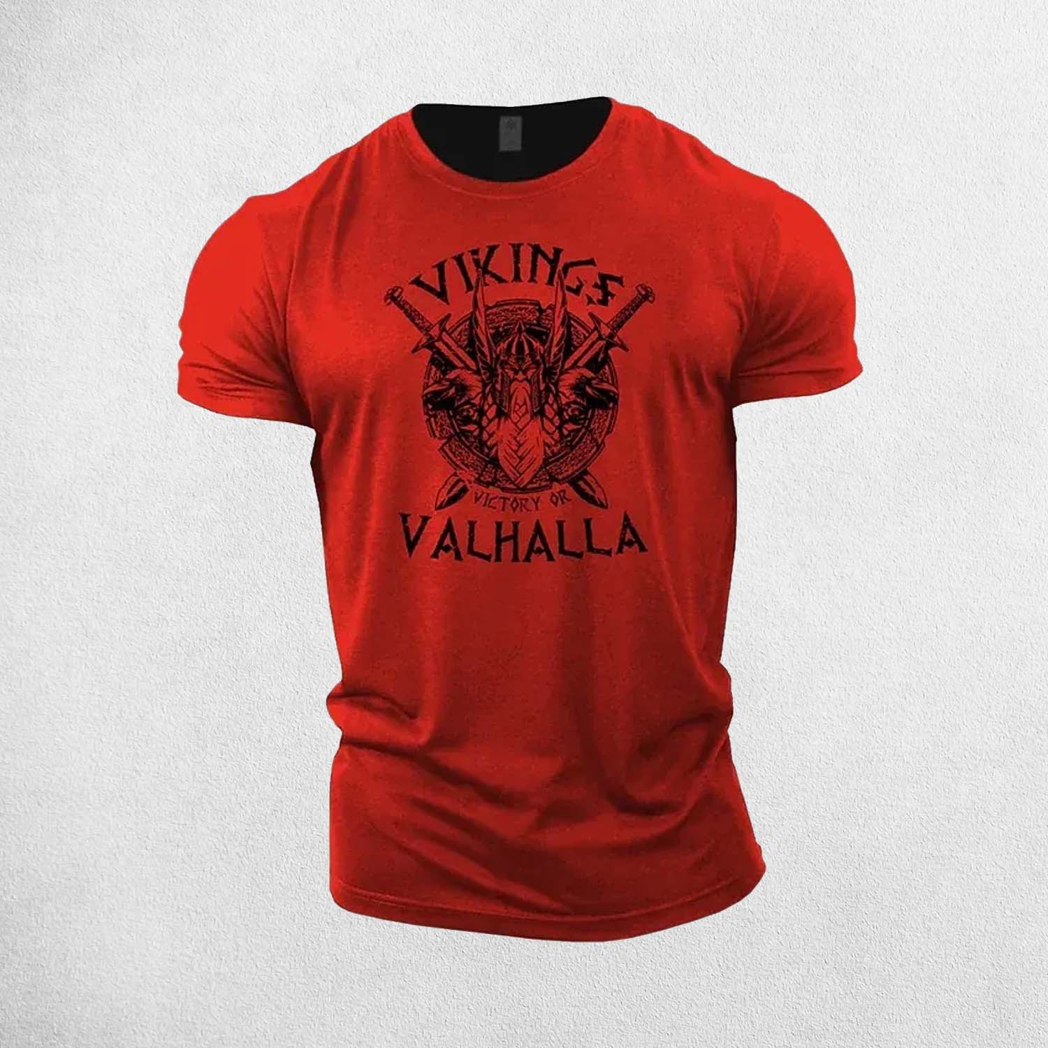 Close-up of Red intricate Viking graphic on high-stretch fitness t-shirt