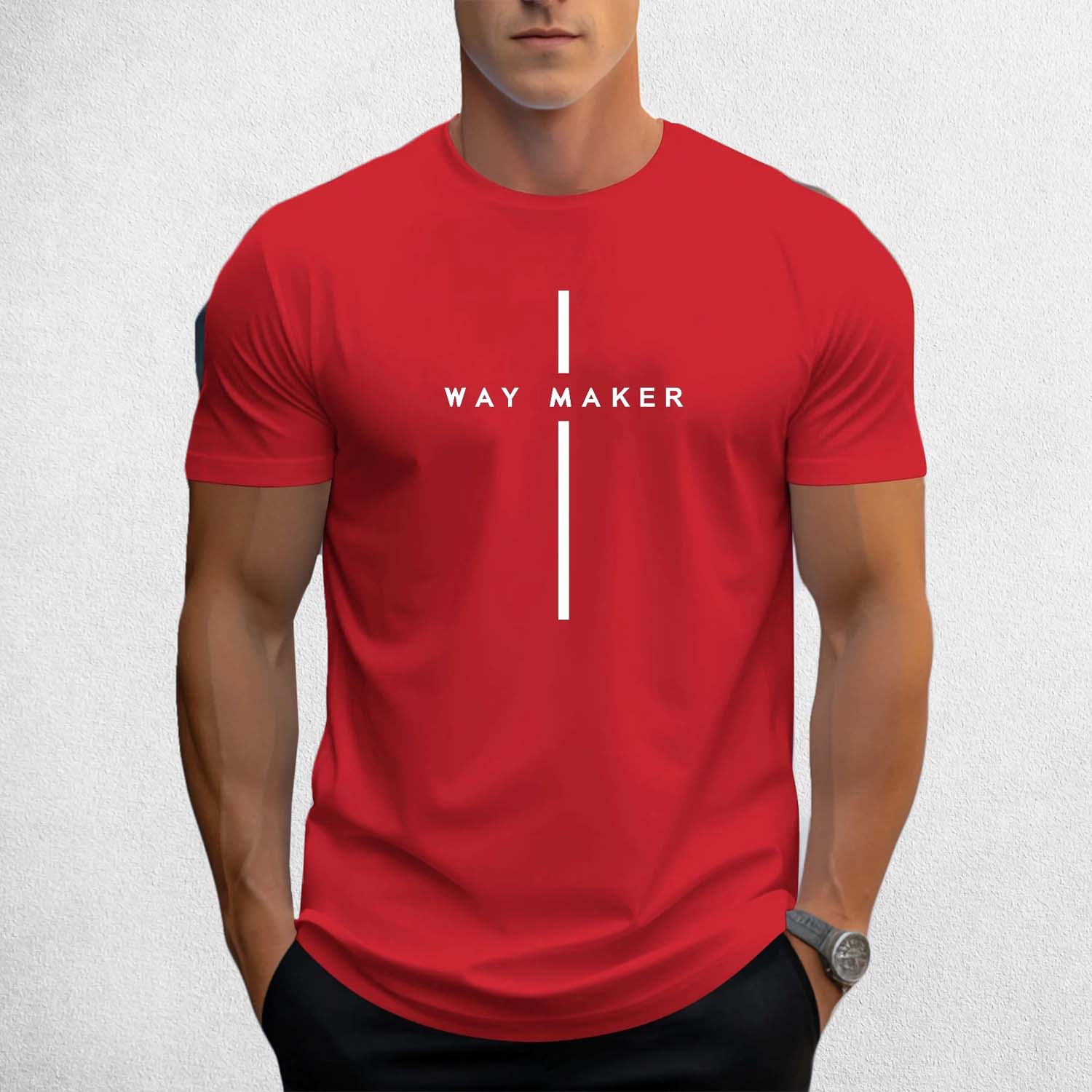 Front View of Model Wearing Red Men's Way Maker Graphic Tee - 100% Cotton, Casual Crewneck T-Shirt with Geometric Design