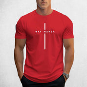 Front View of Model Wearing Red Men's Way Maker Graphic Tee - 100% Cotton, Casual Crewneck T-Shirt with Geometric Design