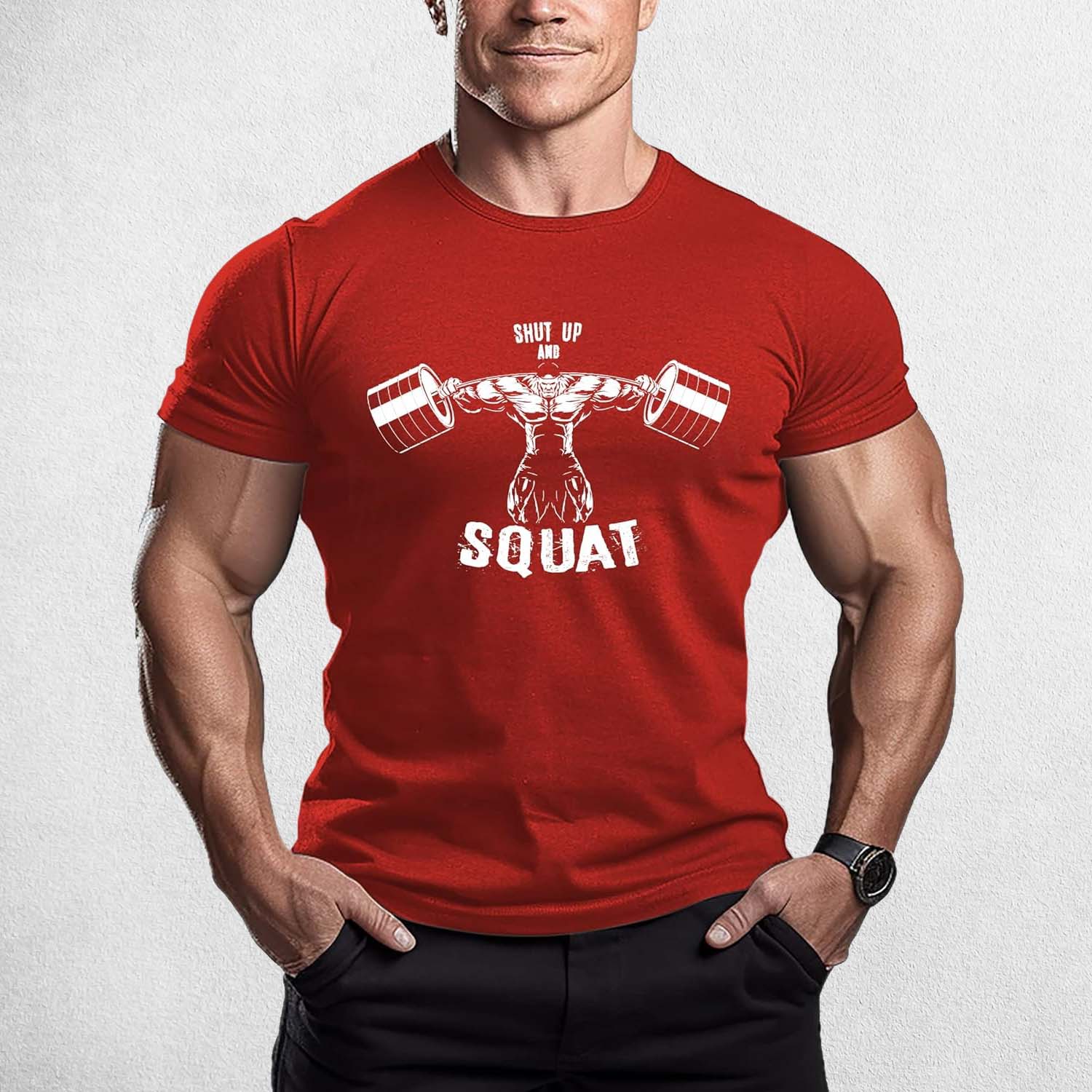 Front View of Model Wearing Red Muscle Men's Gym T-Shirt – 3D Printed, Short Sleeve, Sporty Workout & Casual Tee