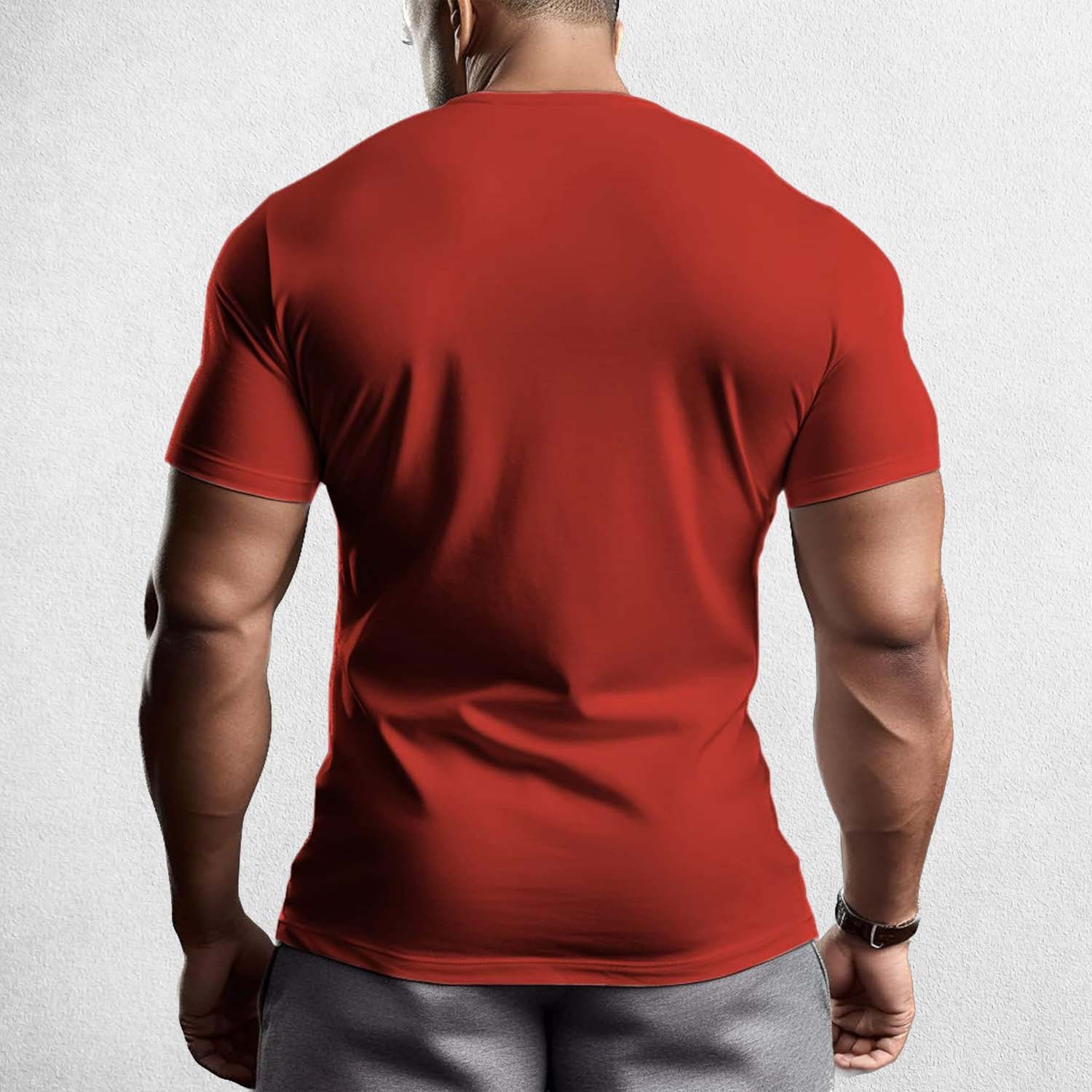 Back View of Model Wearing Red Muscle Men's Gym T-Shirt – 3D Printed, Short Sleeve, Sporty Workout & Casual Tee
