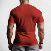 Back View of Model Wearing Red Muscle Men's Gym T-Shirt – 3D Printed, Short Sleeve, Sporty Workout & Casual Tee