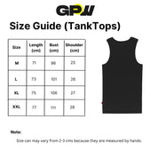 Detailed size chart for the Red Spider Printed Running Tank Top.