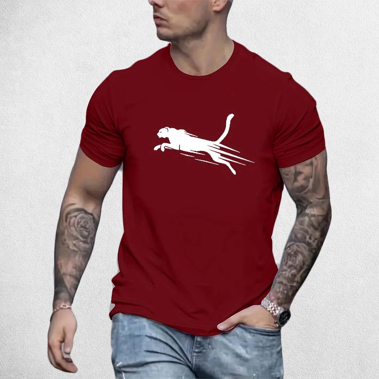 Front View of Model Wearing Red Trendy Leopard Graphic Print Men's Comfy T-Shirt – Casual Summer Streetwear Tee