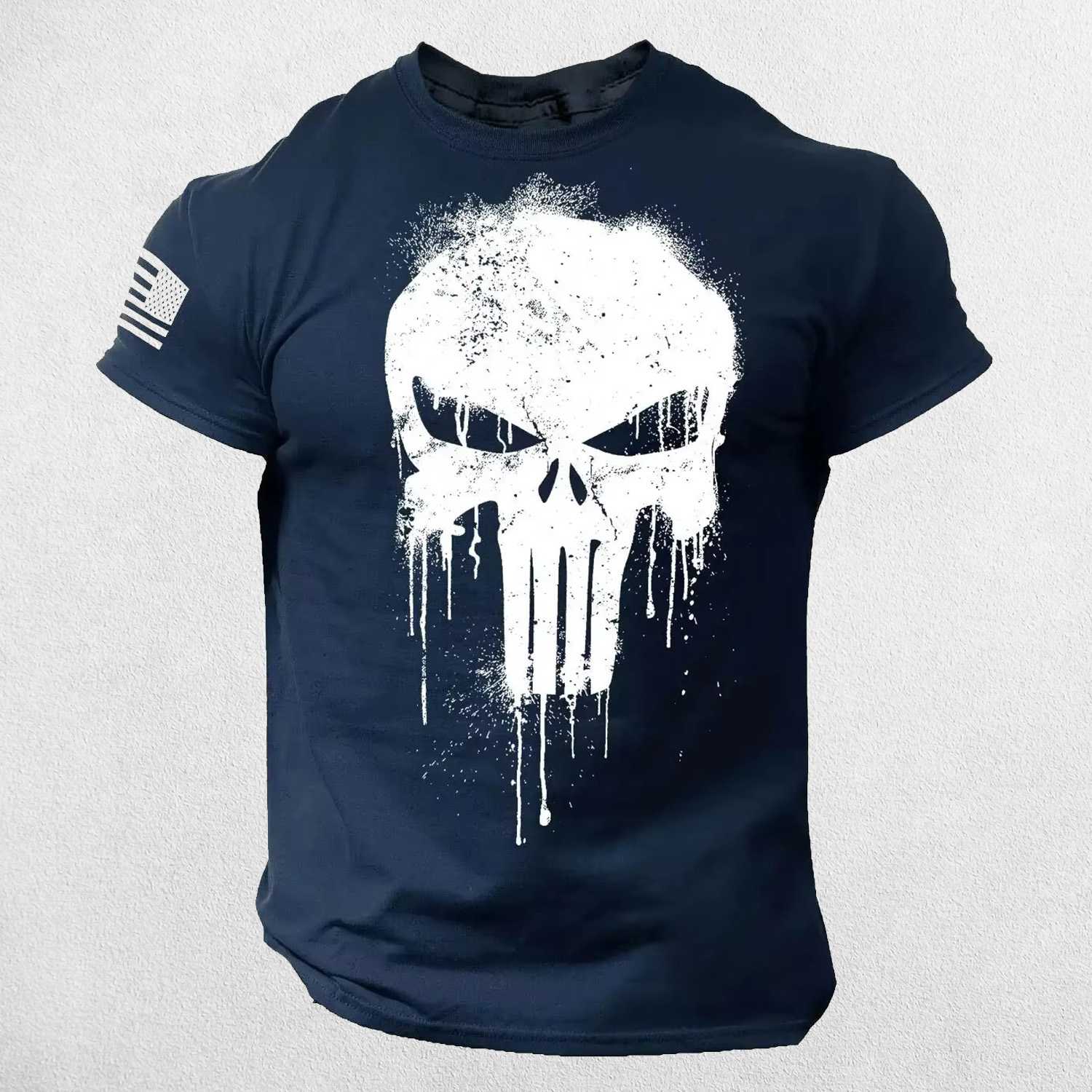 Front View of Royal Blue Men's Oversized 3D Patriotic Skull T-Shirt