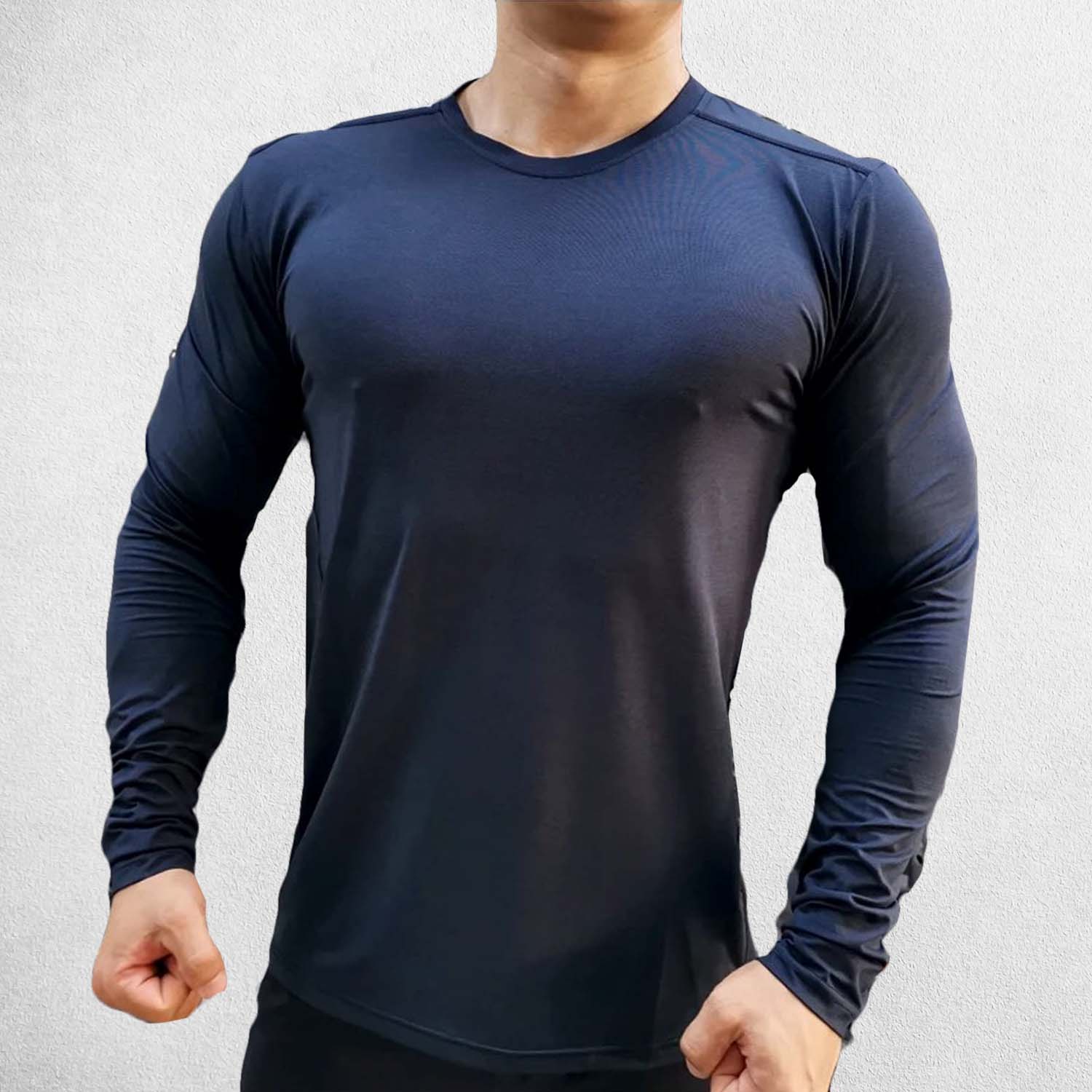 Front View of Model Wearing Sapphire BLue Men’s Compression Sweatshirt – Long Sleeve Dry Fit Performance Gym & Running Top