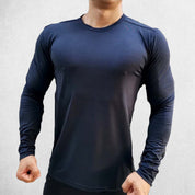 Front View of Model Wearing Sapphire BLue Men’s Compression Sweatshirt – Long Sleeve Dry Fit Performance Gym & Running Top