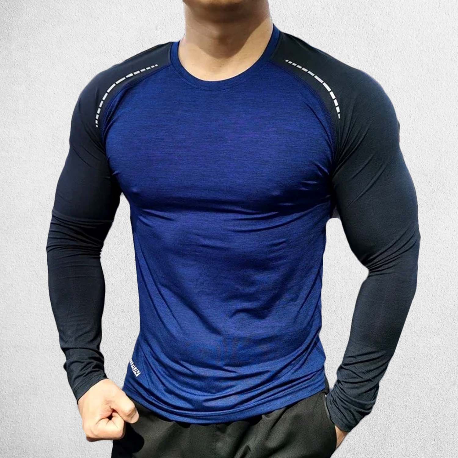 Front View of Model Wearing Sapphire Blue Grey Men’s Compression Sweatshirt – Long Sleeve Dry Fit Performance Gym & Running Top