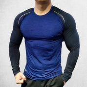 Front View of Model Wearing Sapphire Blue Grey Men’s Compression Sweatshirt – Long Sleeve Dry Fit Performance Gym & Running Top