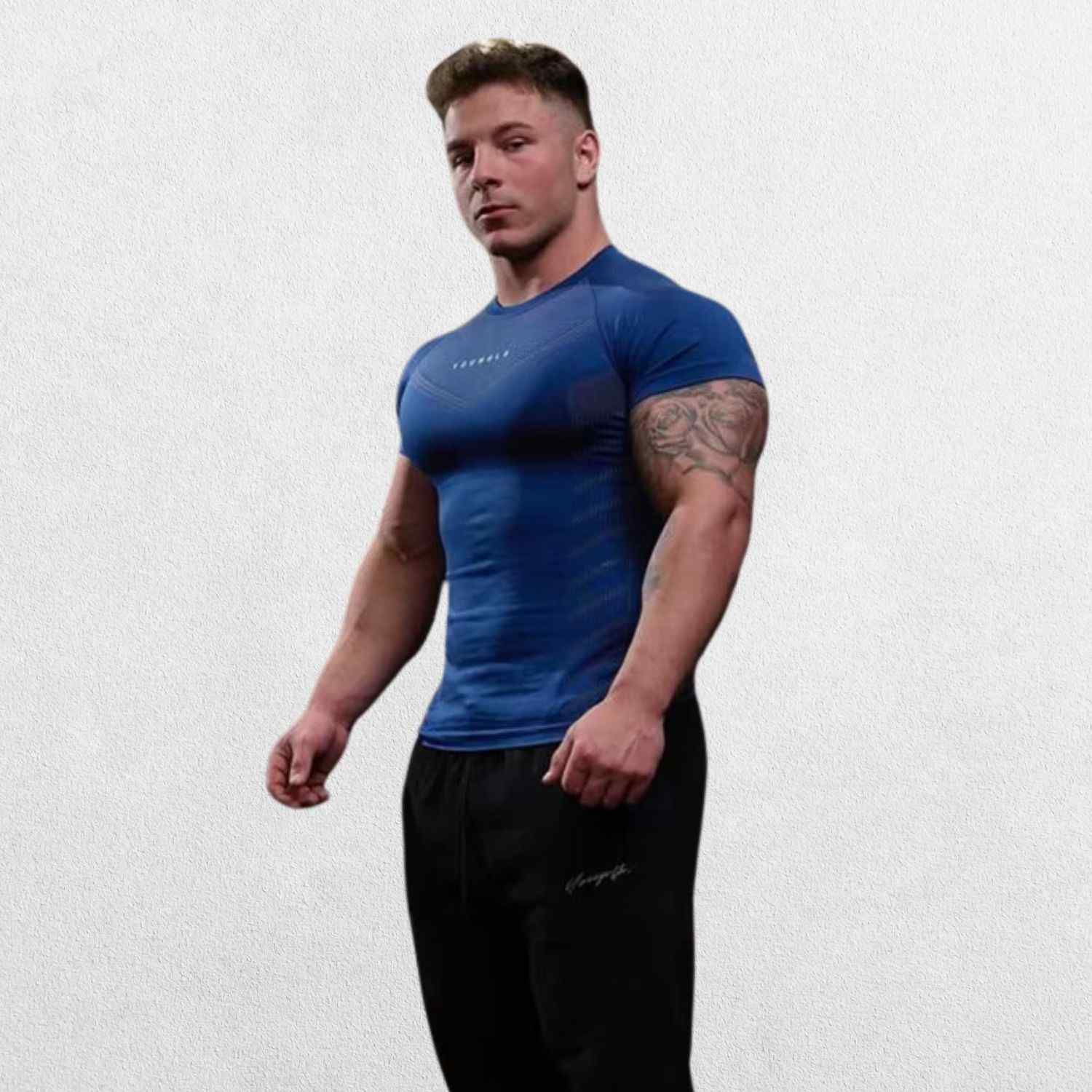 Side profile of the GPW High-Performance Quick-Dry Sports T-Shirt in blue, emphasizing the smooth fit, stretchable fabric, and enhanced breathability with a neutral studio backdrop