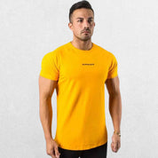 Side profile of the GPW High-Performance Workout T-Shirt in yellow, highlighting the flexible fit and breathable construction with a neutral studio background.