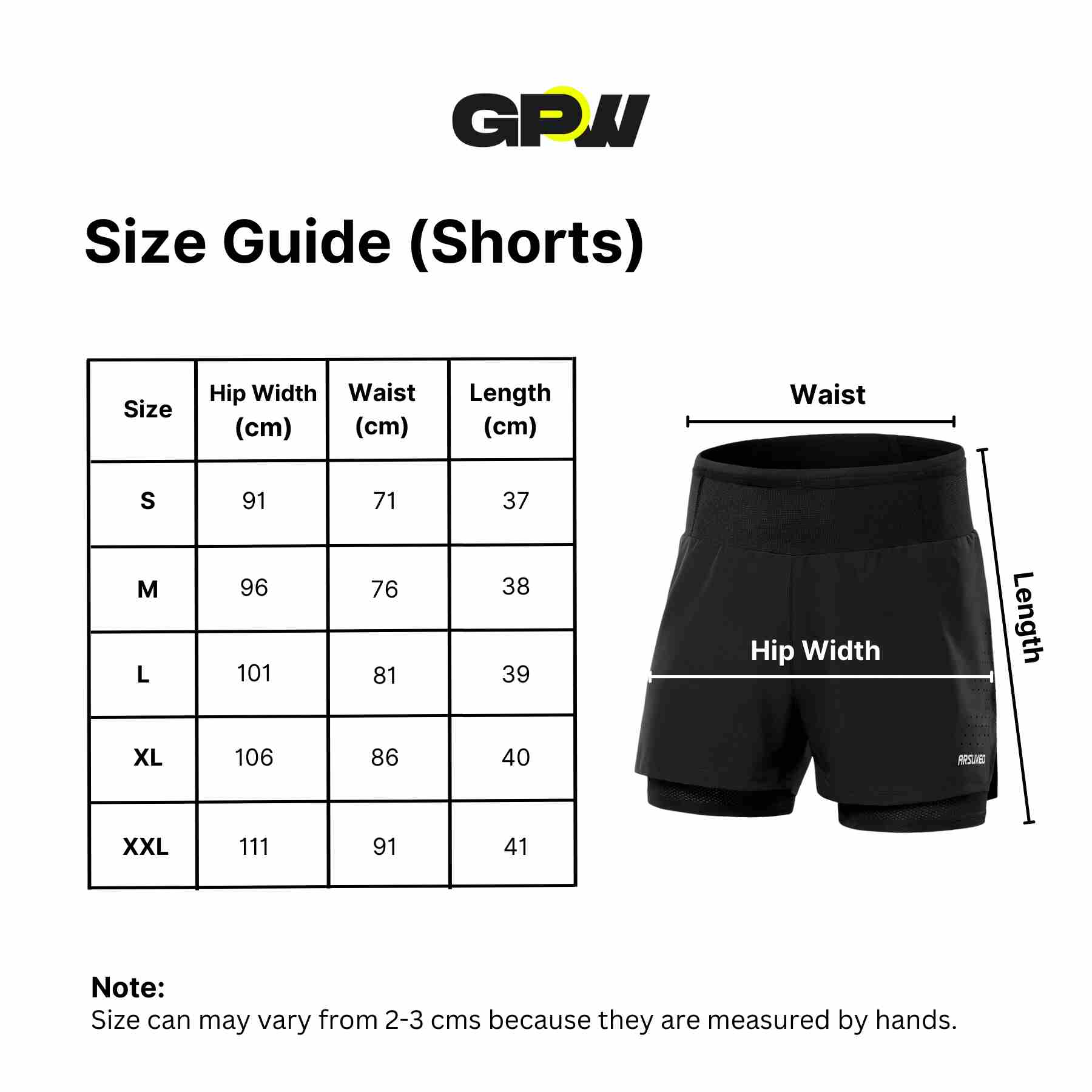 Size Chart for GPW Men's Lightweight Quick-Dry Workout Shorts with Pockets