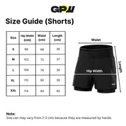 Size Chart of GPW High-Performance Men’s Running Shorts  with sizes S to XXL