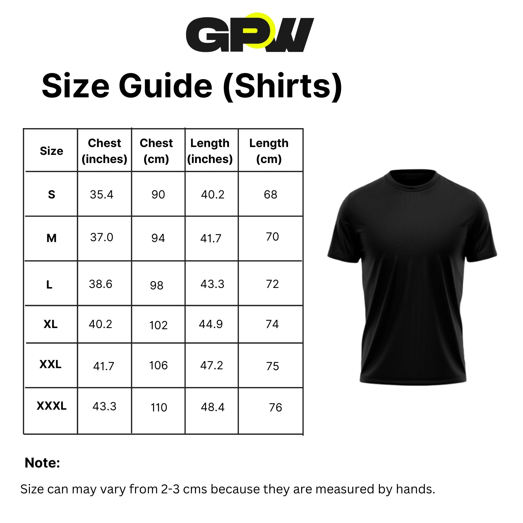 Size Chart of GPW Men's Oversized Cotton T-Shirt - Casual Gym Fitness Tee