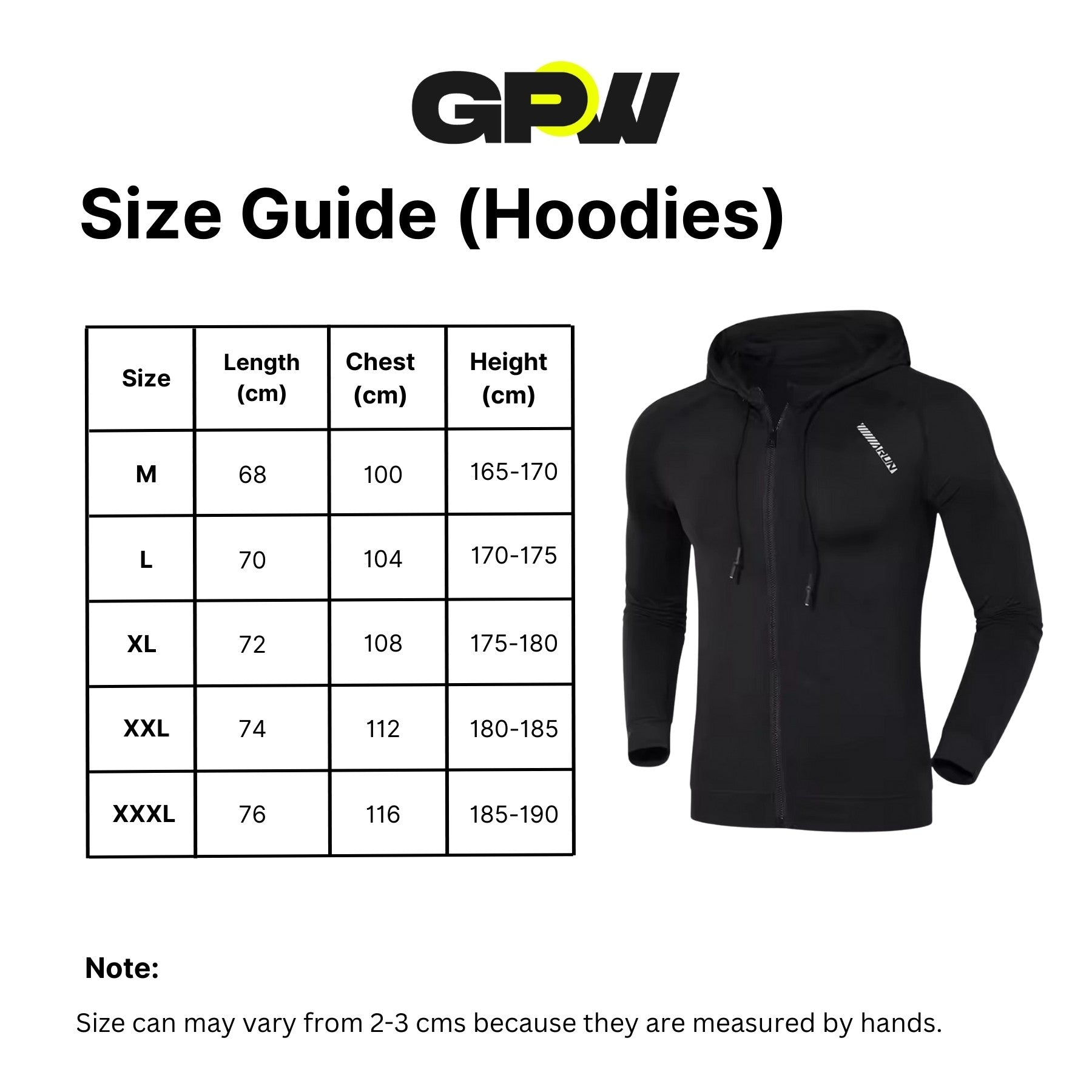 Size Guide for Athletic Fit Fitness Hoodie Top For Running, Bodybuilding, and Fitness