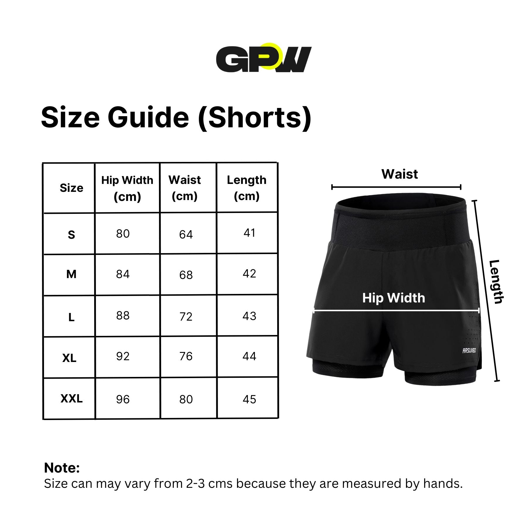Size Guide for GPW Men's Gym Shorts with Pockets - Compression Athletic Tights
