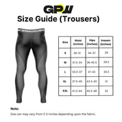 Size Guide for GPW Men’s Open-Bottom Workout Trousers with Zip Pockets and Lightweight Mesh