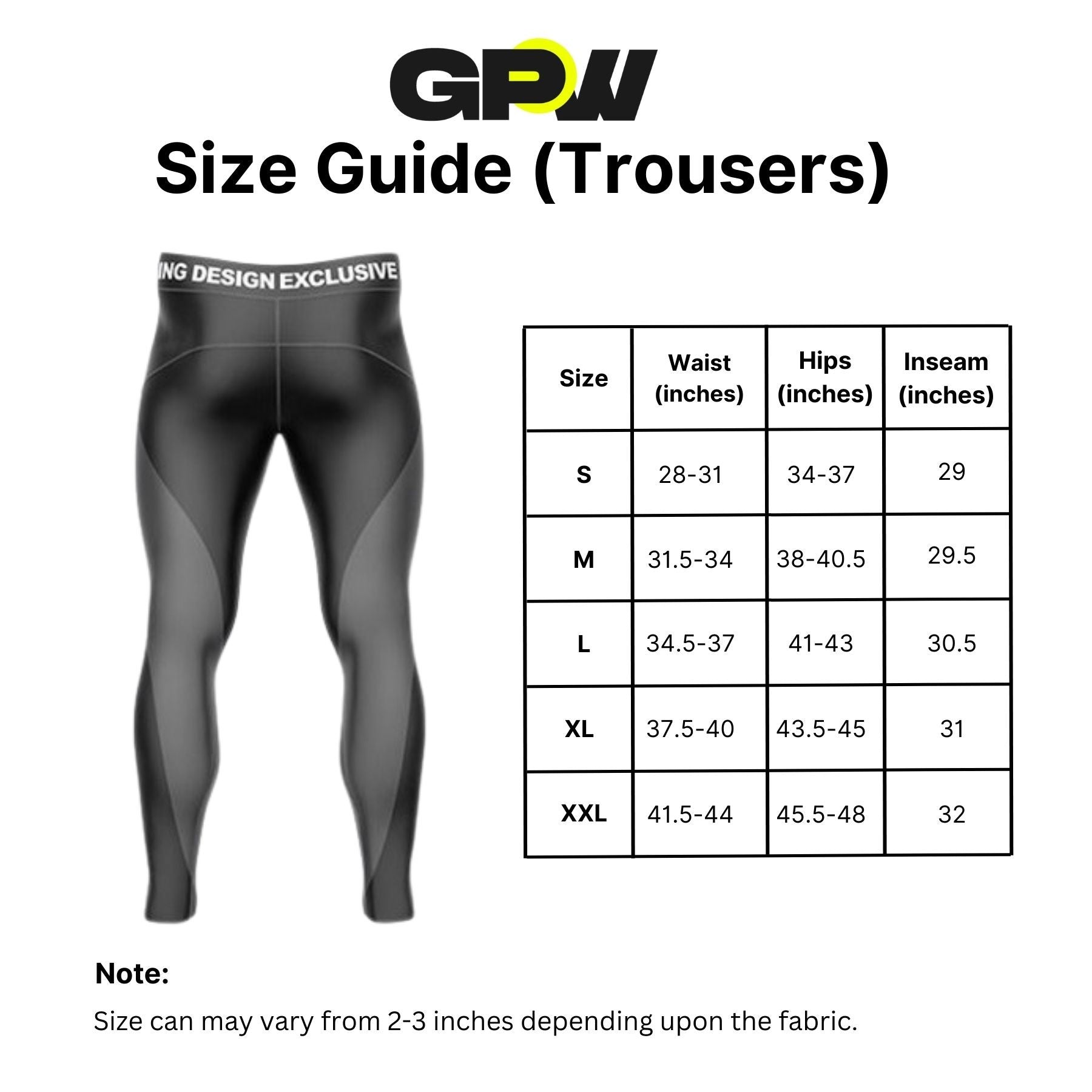 Size Guide for GPW Men’s Open-Bottom Workout Trousers with Zip Pockets and Lightweight Mesh