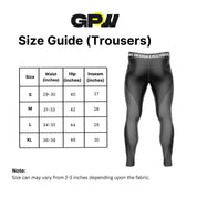 Size Guide for GPW Men's Slim Fit Trousers with Zipper Pockets for Training
