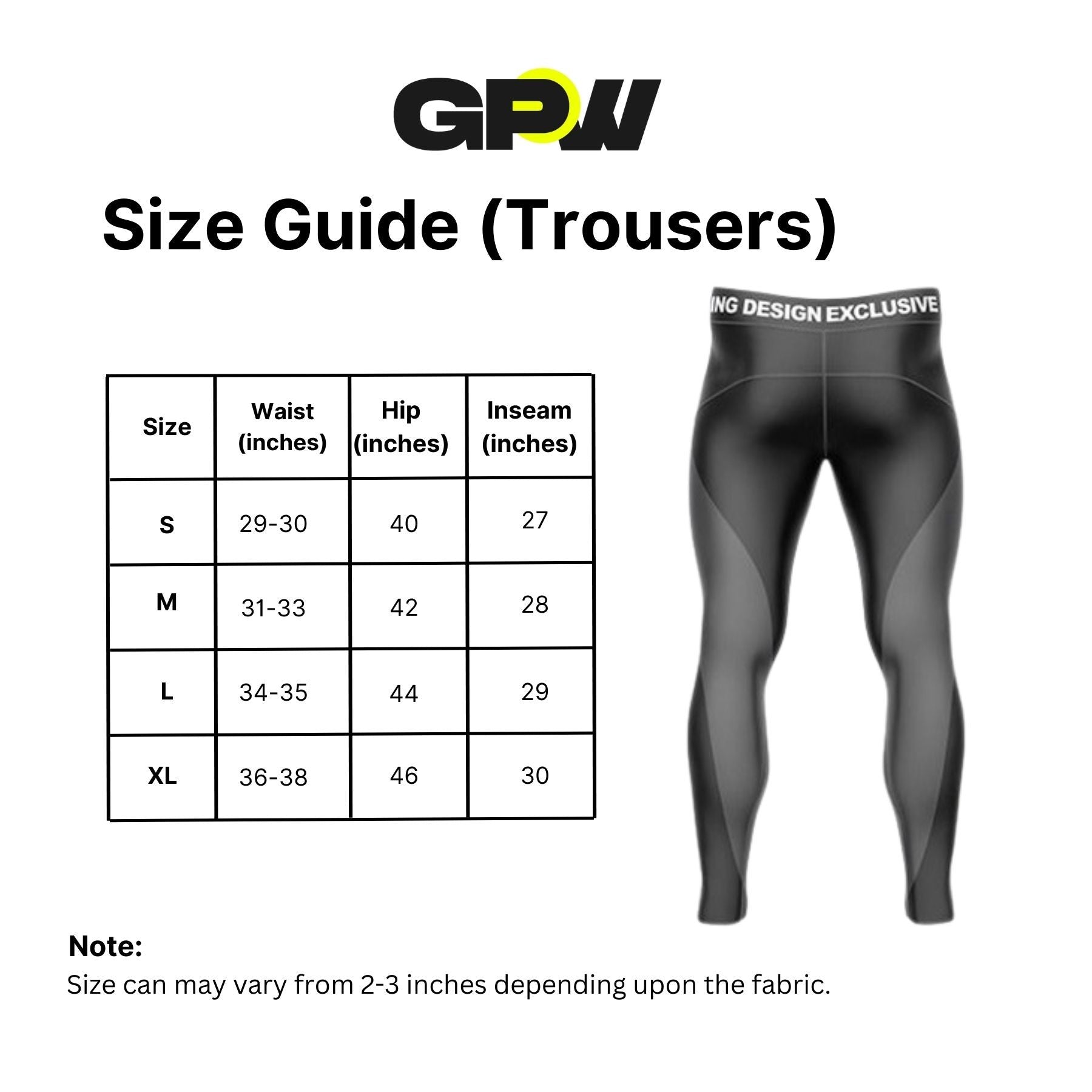 Size Guide for GPW Men's Slim Fit Trousers with Zipper Pockets for Training