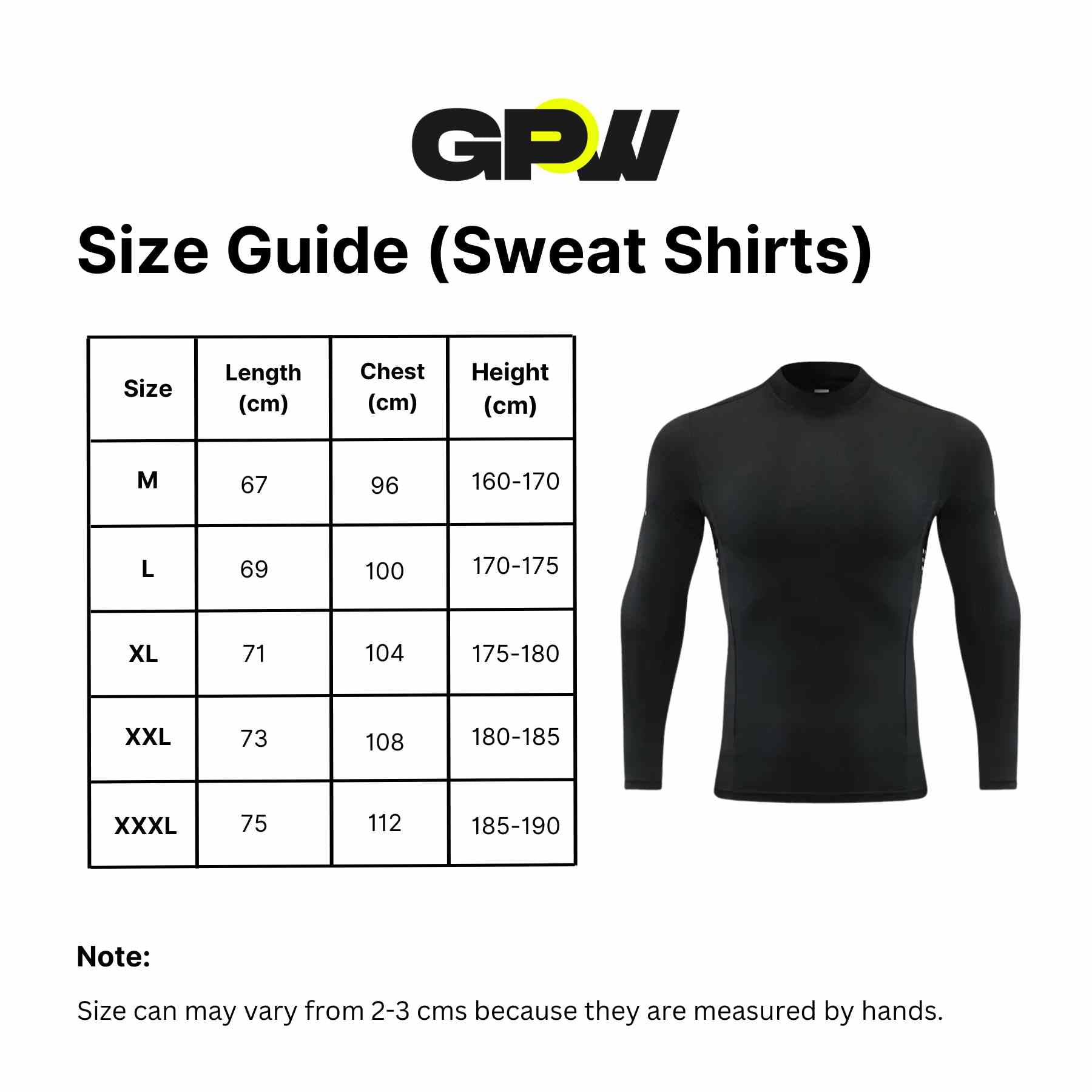Size Guide for  Men’s Compression Sweatshirt – Long Sleeve Dry Fit Performance Gym & Running Top