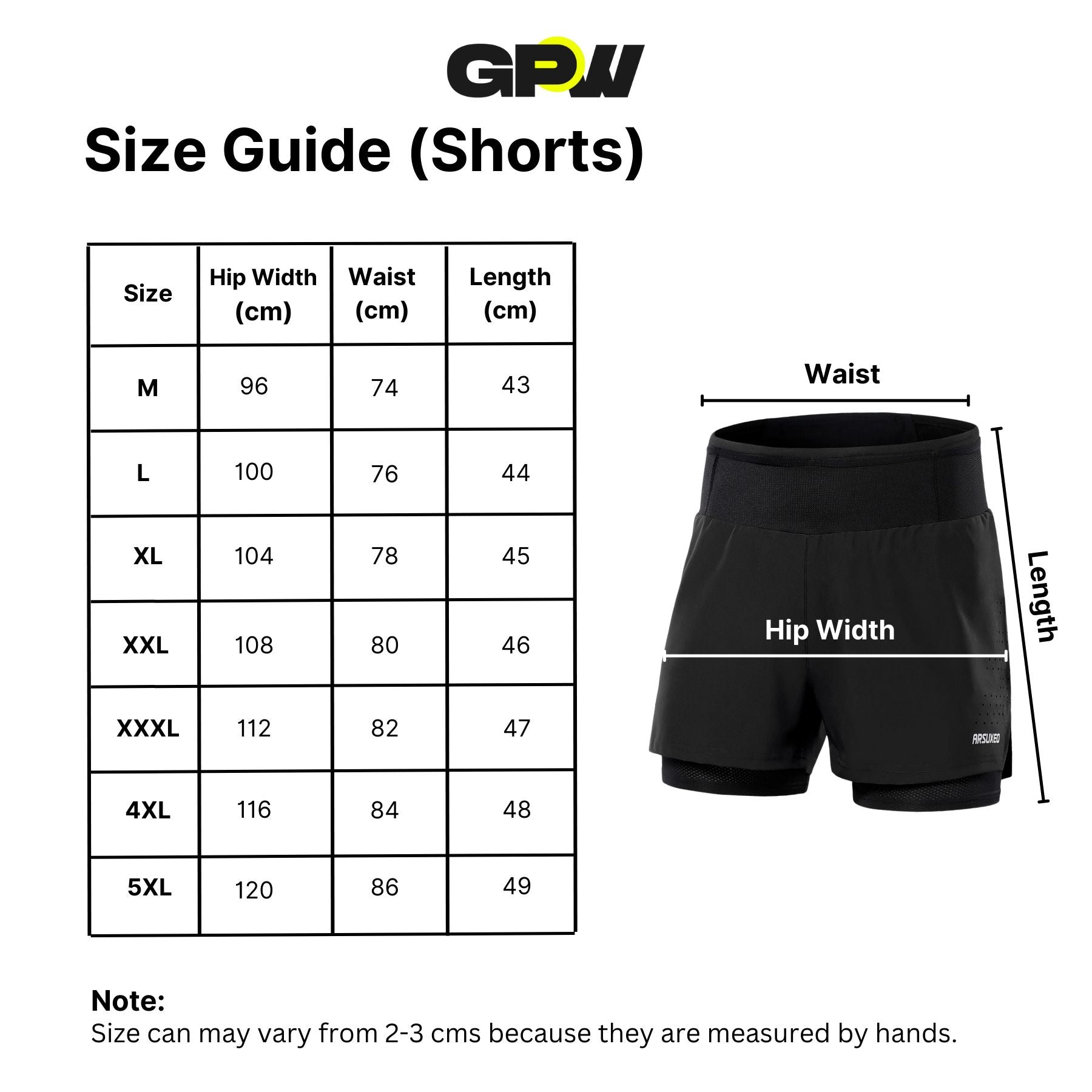 Size chart for GPW Men's 2-in-1 Running Shorts for Gym & Fitness Workouts