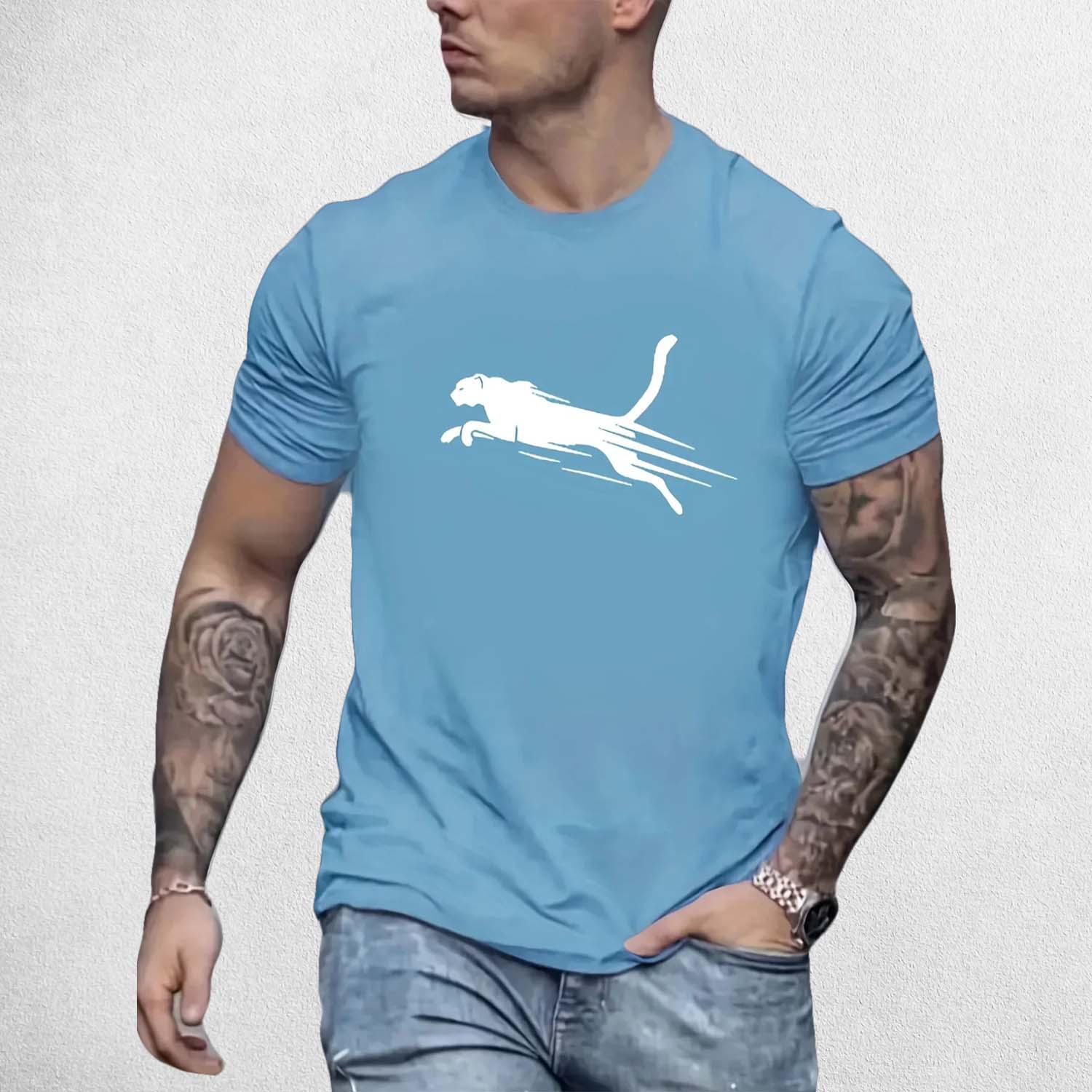 Front View of Model Wearing Sky Blue Trendy Leopard Graphic Print Men's Comfy T-Shirt – Casual Summer Streetwear Tee