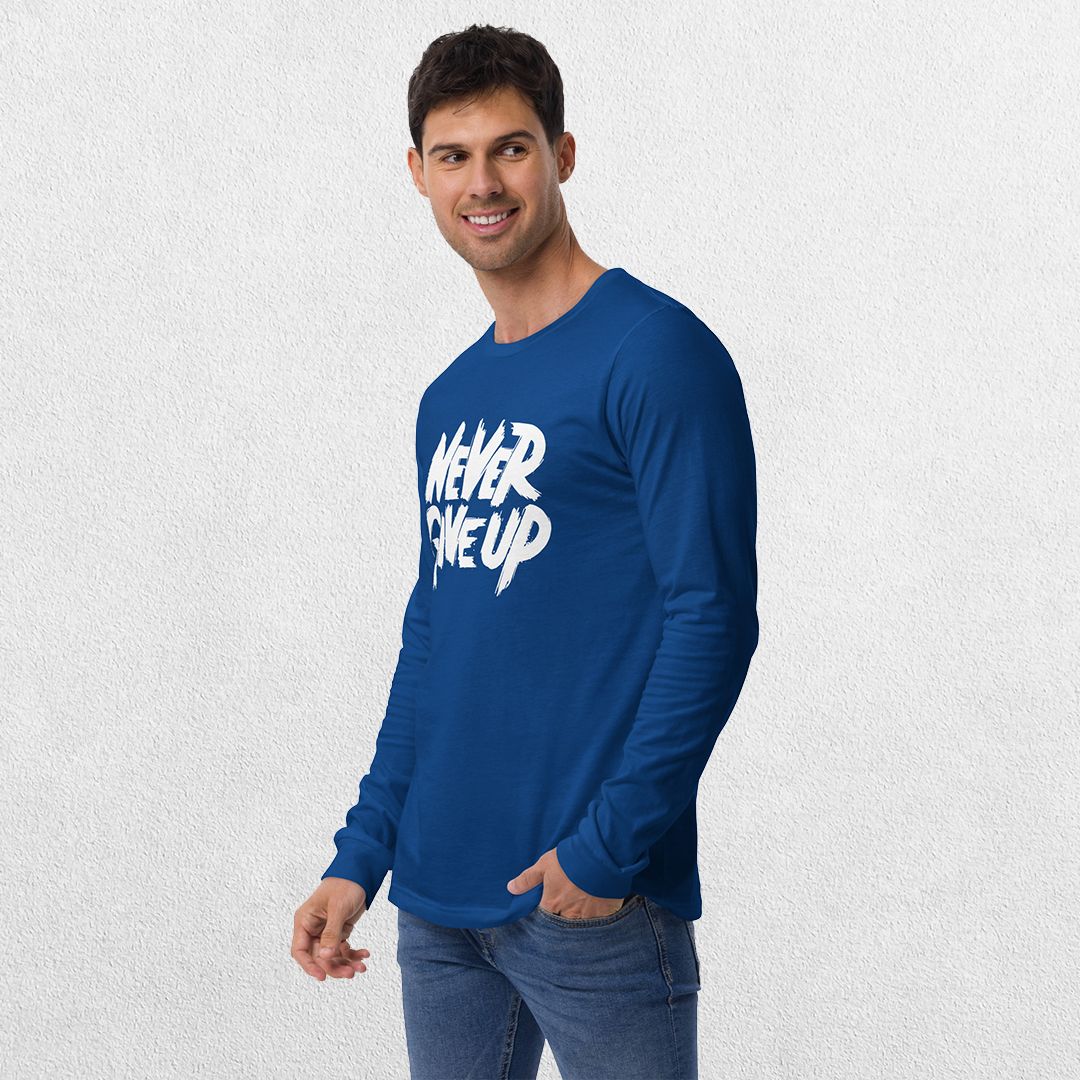 Model wearing the True Royal GPW Never Give Up Shirt styled with jeans.