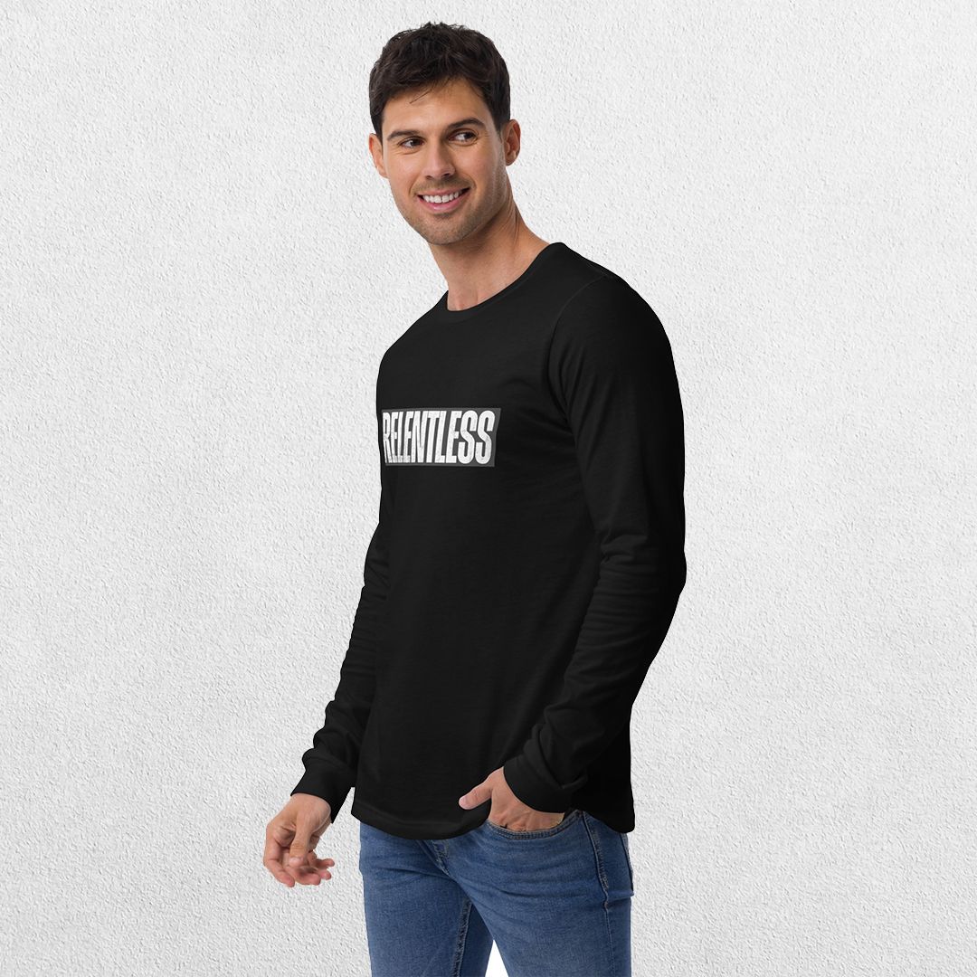 Model wearing Black long sleeve tee with jeans.