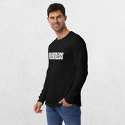 Model wearing Black long sleeve tee with jeans.