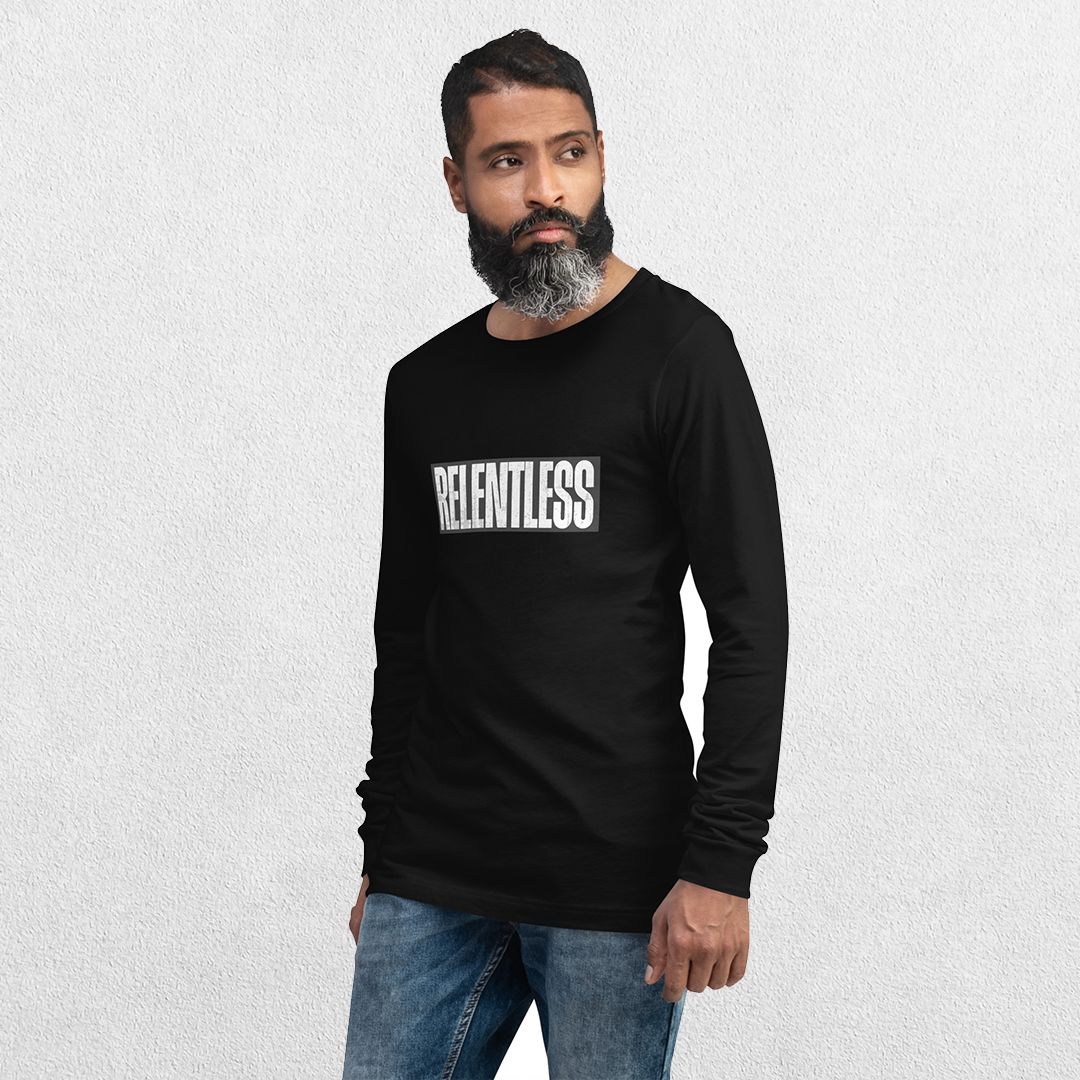 Model wearing Black long sleeve tee with jeans.