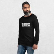 Model wearing Black long sleeve tee with jeans.