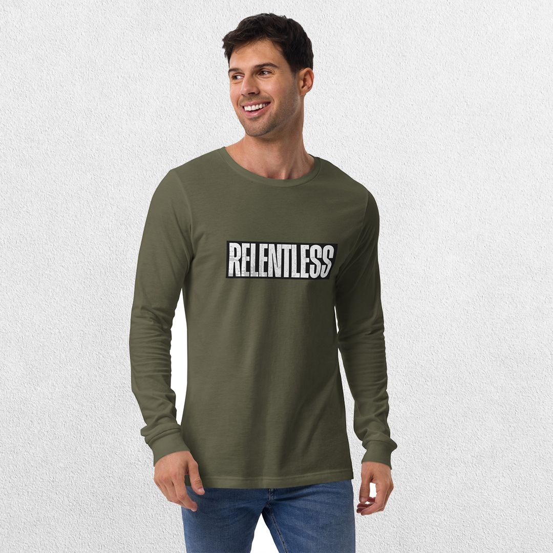 Model wearing Military Green long sleeve tee with jeans.