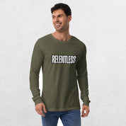 Model wearing Military Green long sleeve tee with jeans.