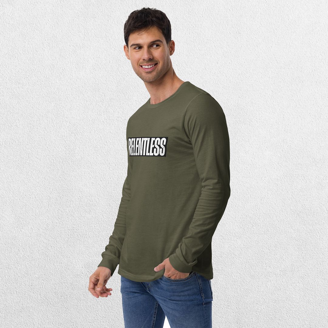Model wearing Military Green long sleeve tee with jeans.