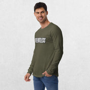 Model wearing Military Green long sleeve tee with jeans.