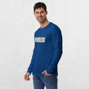 Model wearing True Royal long sleeve tee with jeans.