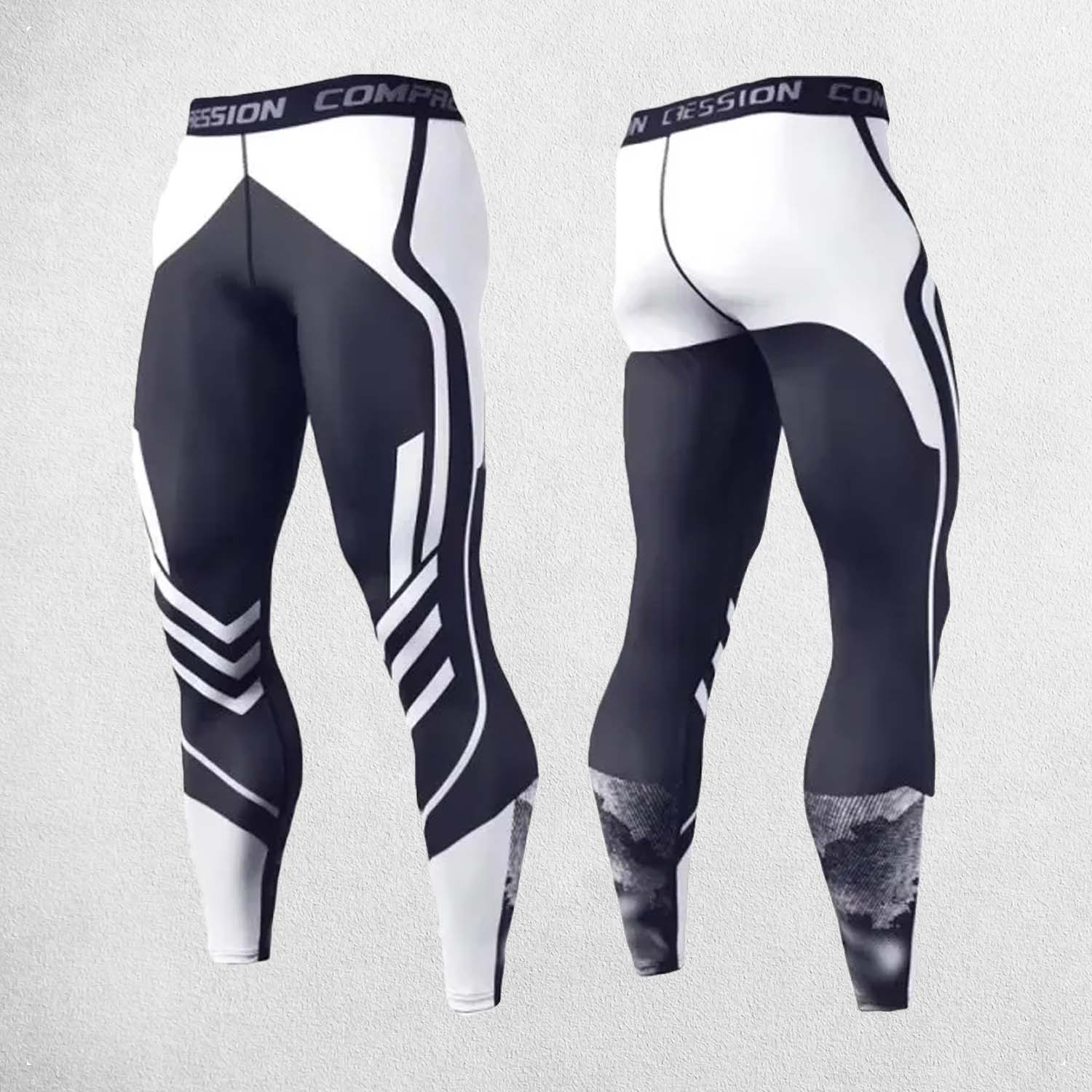 Front And back view of Men’s compression pants with high-stretch fabric for gym workouts and running.
