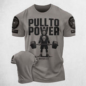 Warm Grey Motivational gym shirt with "PULL TO POWER" design
