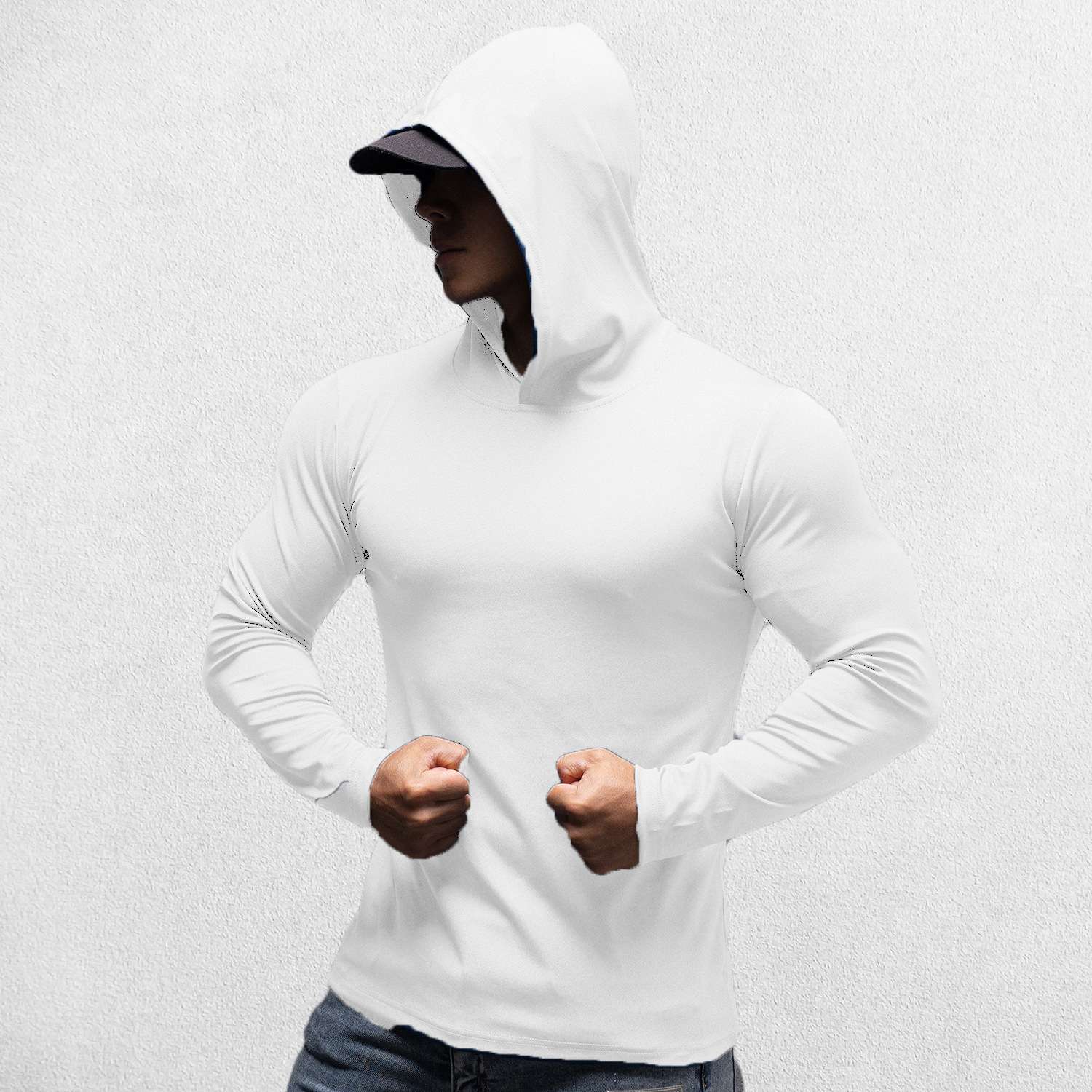 Model wearing White Athletic Fit Fitness Hoodie Top For Running, Bodybuilding, and Fitness
