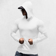 Model wearing White Athletic Fit Fitness Hoodie Top For Running, Bodybuilding, and Fitness