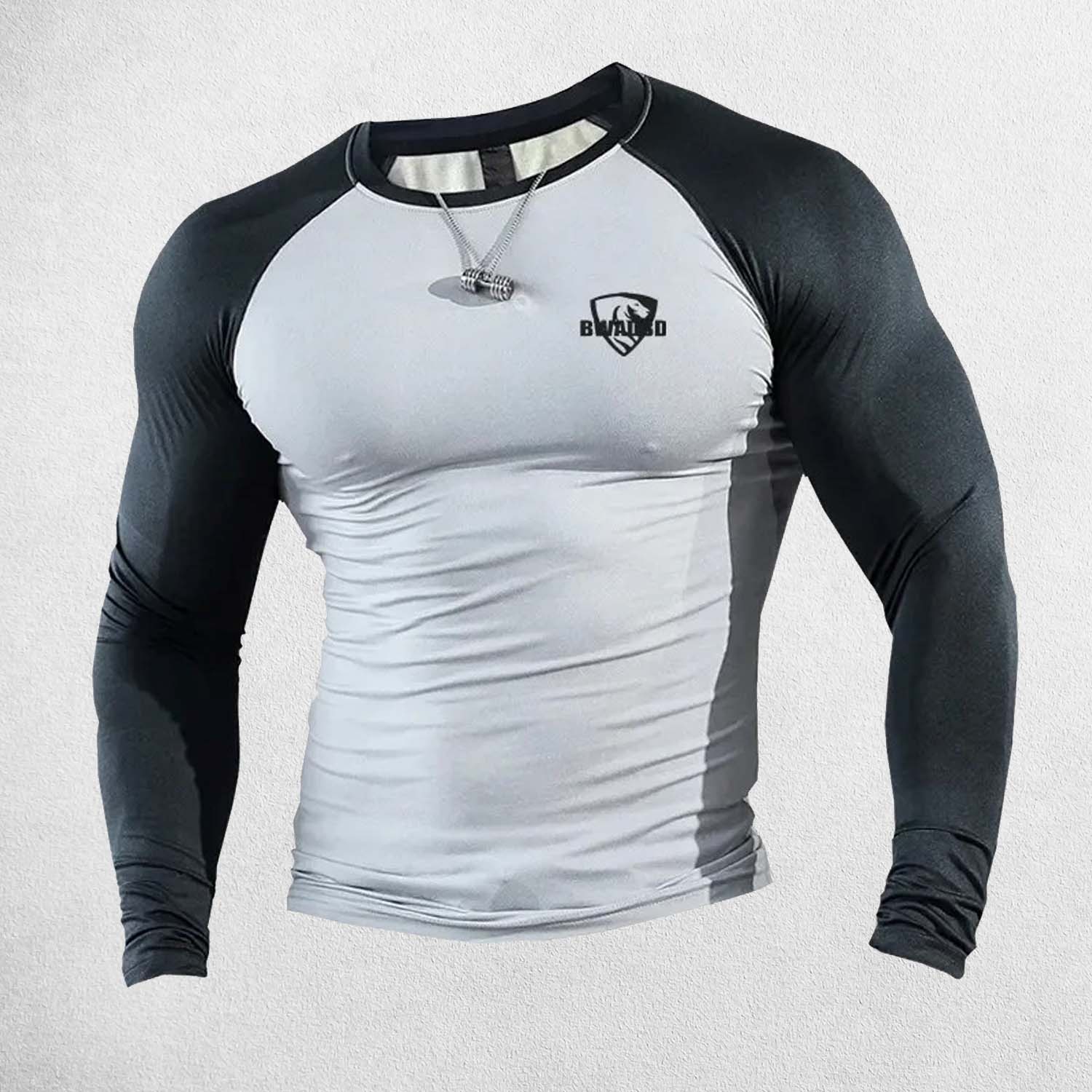 Close Up of White Black Men's Compression Quick-Dry Long Sleeve T-Shirt – Tight-Fit Gym & Running Sportswear for Training & Fitness