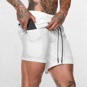 Close of Mobile Pockets of White GPW Men's 2-in-1 Running Shorts for Gym & Fitness Workouts