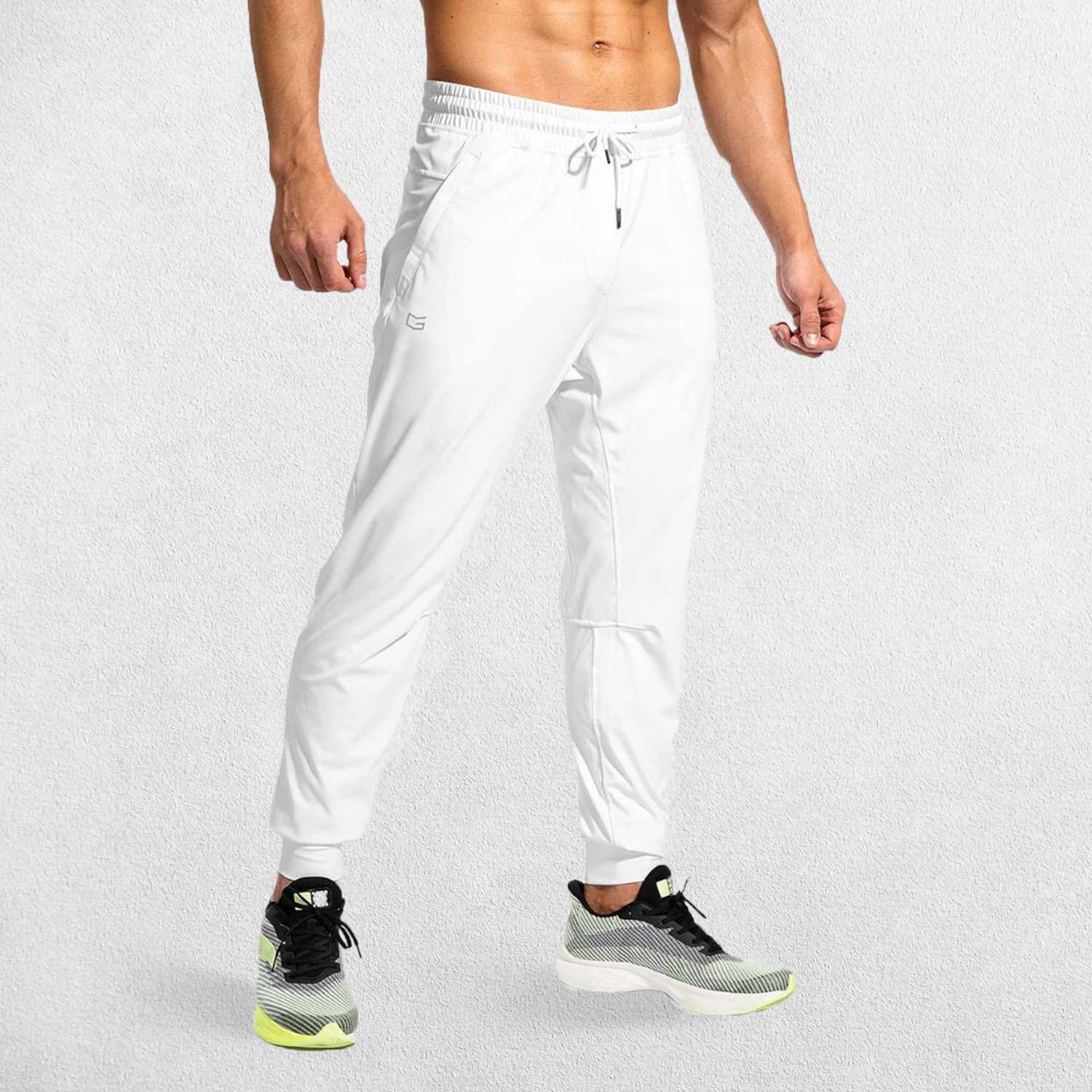 White GPW Men's Athletic Sweatpants featuring zipper pockets, athletic fit, and sleek design.