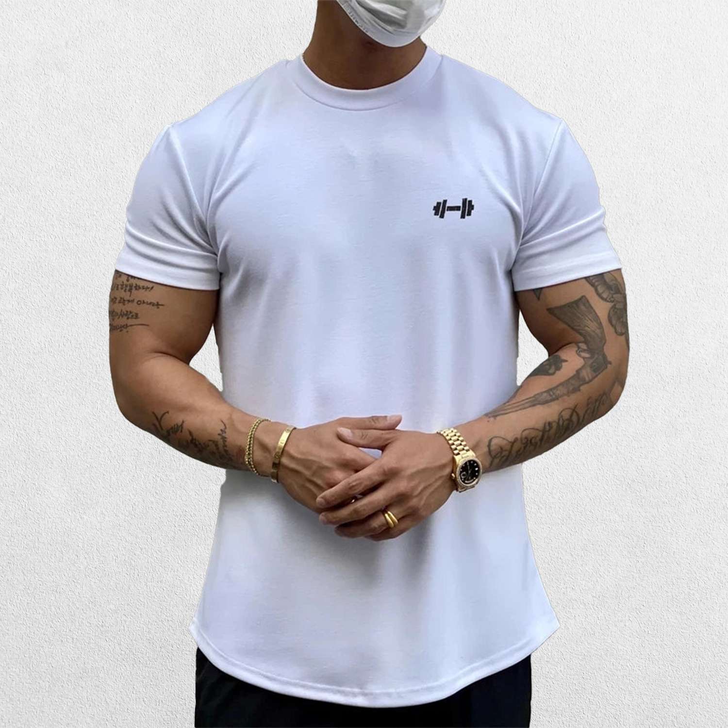 Close-up of White GPW Men's Fit Summer Gym T-Shirt - Bodybuilding Streetwear Tee in a studio background