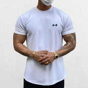 Close-up of White GPW Men's Fit Summer Gym T-Shirt - Bodybuilding Streetwear Tee in a studio background