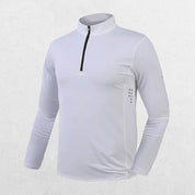 Close-up of White GPW Men's Half Zipper Stand Collar Sports shirt.