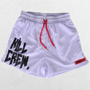 Close-up of White bold Kill Crew graphic print on GPW gym shorts.
