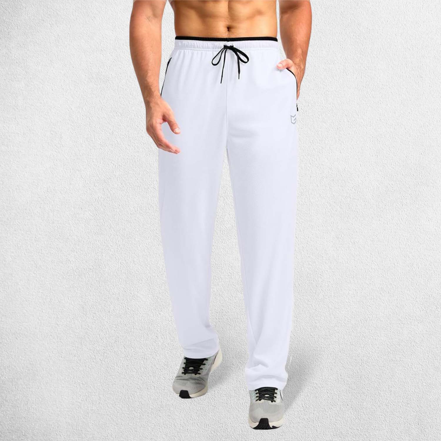 Model With front Pose showing Full-length shot of GPW open-bottom trousers for unrestricted movement.